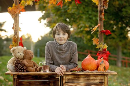 Téléchargez les photos : Bébé blond mignon enfant en bas âge et frères frères et sœurs, debout à côté de stand en bois d'automne avec décoration, pommes, feuilles, tasse, hérisson dans le parc, automne - en image libre de droit