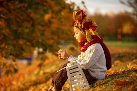Foto de Adorable niño, niño rubio con corona de hojas en el parque en el día de otoño, tarde soleada - Imagen libre de derechos