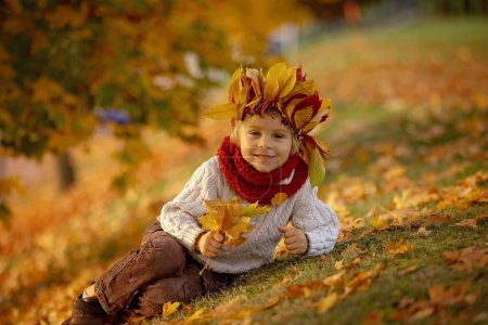 Foto de Adorable niño, niño rubio con corona de hojas en el parque en el día de otoño, tarde soleada - Imagen libre de derechos