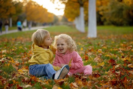 Photo for Cute blond toddler children boy and girl,walking in autumn park on sunset, enjoying the beautiful nature, autumntime - Royalty Free Image