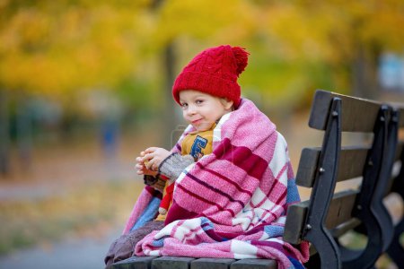 Téléchargez les photos : Enfant heureux, jouant avec dans le parc d'automne par une journée ensoleillée, feuillage et feuilles tout autour de lui, manger de la pomme - en image libre de droit