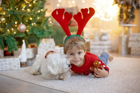 Photo for Cute preschool child, blond boy with pet dog, playing in decorated Christmas room at home - Royalty Free Image