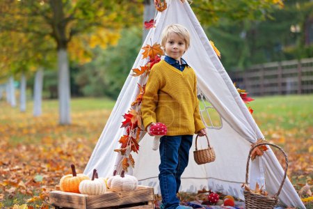 Photo for Cute blond child, boy, playing with knitted toys in the park, autumntime, mushrooms, leaves, pumpkins - Royalty Free Image