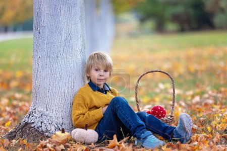 Foto de Lindo niño rubio, niño, jugando con juguetes de punto en el parque, otoño, setas, hojas, calabazas - Imagen libre de derechos