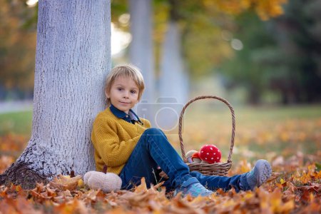 Téléchargez les photos : Enfant blond mignon, garçon, jouant avec des jouets tricotés dans le parc, automne, champignons, feuilles, citrouilles - en image libre de droit