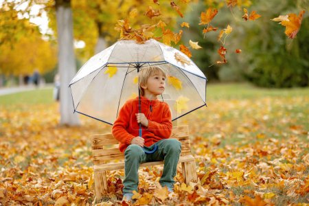 Téléchargez les photos : Enfant blond mignon, garçon, jouant avec des jouets tricotés dans le parc, automne, champignons, feuilles, citrouilles - en image libre de droit