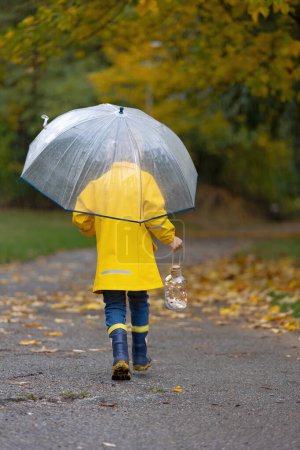 Foto de Hermoso niño rubio preescolar, jugando con hojas, setas y calabazas bajo la lluvia, sosteniendo el paraguas, hermoso día de otoño - Imagen libre de derechos