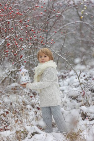 Foto de Lindo niño rubio, jugando en la nieve en un día de invierno, vestido con paños de punto - Imagen libre de derechos