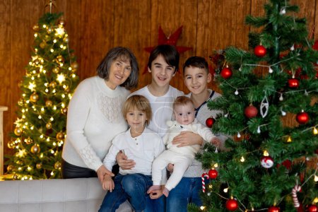 Téléchargez les photos : Bonne famille, nouveau-né et frères aînés, maman à la maison à Noël - en image libre de droit