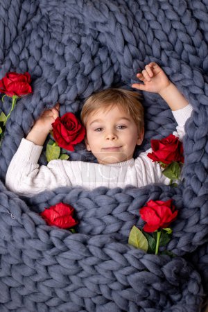 Photo for Valentine portrait of a little cute child with hearts, roses and sign - Royalty Free Image