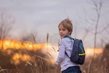 Téléchargez les photos : Adorable petit enfant, garçon, tenant des fleurs filmées dans le parc le jour de l'automne, coucher de soleil, tourisme avec sac à dos - en image libre de droit