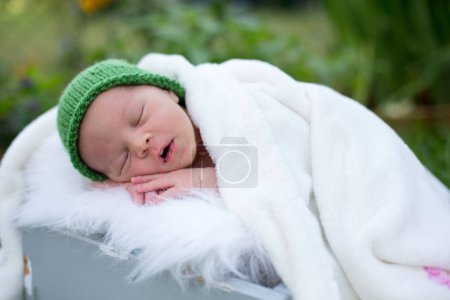 Foto de Pequeño bebé recién nacido, durmiendo en caja con abrigo y sombrero, al aire libre en el jardín - Imagen libre de derechos