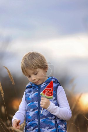 Photo for Cute child, beautiful blond boy, eating watermelon lollipop in the park on sunset, beautiful spring weather outdoors - Royalty Free Image