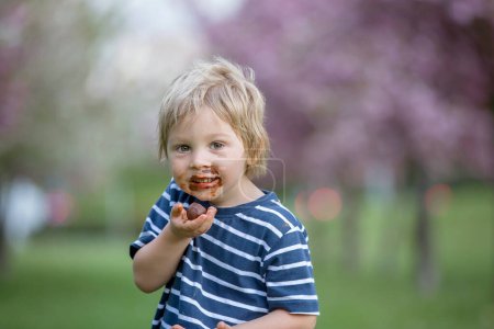 Foto de Niño, niño pequeño, comiendo bombones de chocolate en el parque - Imagen libre de derechos