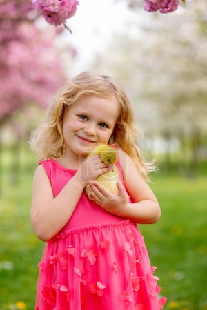 Glücklich schönes Kind, Kind, spielend mit kleinen schönen Entchen oder Gösslingen, niedliche flauschige gelbe Tiervögel