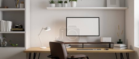 Photo for Modern minimal bright home office workspace interior with PC desktop computer mockup and accessories on wood table, white shelves and wall shelves, office chair and decor. 3d render, 3d illustration - Royalty Free Image