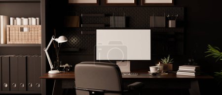 Téléchargez les photos : Moderne loft sombre homer espace de travail design intérieur avec PC de bureau maquette d'ordinateur, lampe de table et accessoires sur table en bois sombre, chaise de bureau, étagère et pegboard sur le mur. 3d rendu, illustration 3d - en image libre de droit
