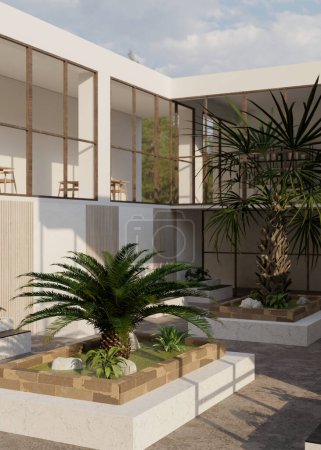 Moderne Loft zeitgenössische Gebäude Garten Außendesign mit Palme, Zementbank und Boden, tropischen Pflanzen und Loft-Zement Gebäude Wand. 3D-Renderer, 3D-Illustration