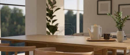 Téléchargez les photos : Gros plan, Copier l'espace pour l'affichage du produit sur une table à manger en bois minimale sur fond flou de la maison minimale moderne. 3d rendu, illustration 3d - en image libre de droit