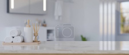 Photo for Copy space for product display, hand towels, shampoo bottle and aroma diffuser on white marble bathroom tabletop over blurred background of modern white and clean bathroom. 3d render, 3d illustration - Royalty Free Image