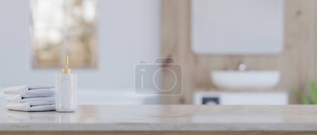 Photo for White marble bathroom countertop with copy space for product display, towels and luxury shampoo bottle over blurred bathroom in background. 3d render, 3d illustration - Royalty Free Image