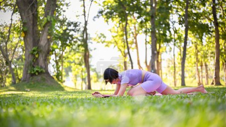 Téléchargez les photos : Fit et actif millénaire asiatique femelle en vêtements de sport faisant demi pose de yoga pigeon, étirant ses jambes, pratiquant le yoga dans le jardin vert. - en image libre de droit