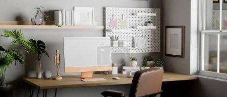 Photo for Modern home working room interior design with blank PC desktop computer and accessories on wood table against grey wall with pegboard and wall shelve, houseplant. 3d render, 3d illustration - Royalty Free Image