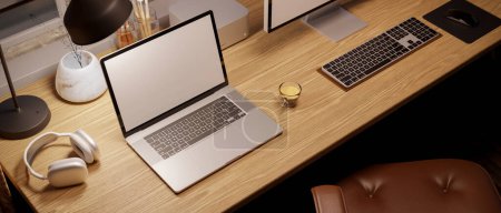 Top view, Cozy Scandinavian home working space with blank laptop white screen mockup, headphones, tablet lamp, and decor on wood table. 3d render, 3d illustration