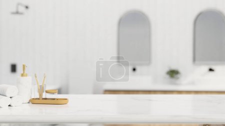 Photo for Copy space for montage your product display on elegance white marble bathroom tabletop with bath accessories set over blurred elegance white bathroom background. 3d rendering, 3d illustration - Royalty Free Image