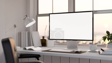Photo for Modern office desk with white PC desktop computer mockup, table lamp, book and accessories over the window. 3d rendering, 3d illustration - Royalty Free Image