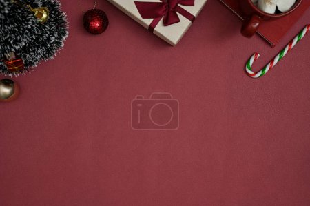 Photo for Beautiful Christmas background with Christmas decoration and copy space for product or text display on red background. top view - Royalty Free Image