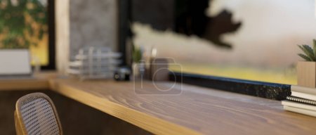 Foto de Vista lateral, Copie el espacio para montar la pantalla de su producto en la mesa de madera en un diseño interior de sala de trabajo mínimo y cómodo. 3d render, ilustración 3d - Imagen libre de derechos