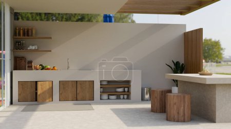 Photo for Modern outdoor kitchen exterior design in wood and cement material with kitchen island, wood stools, sink, kitchen appliances and decor. pool villa, resort, luxury home. 3d render, 3d illustration - Royalty Free Image