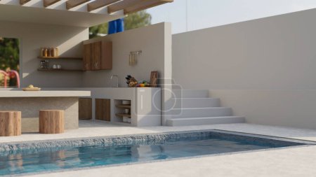 Photo for Beautiful pool villa exterior design with large swimming pool, outdoor kitchen cooking space with kitchen appliances, outdoor dining space and stools. 3d render, 3d illustration - Royalty Free Image