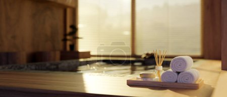 imagen de cerca, accesorios de spa y espacio de copia en el baño Onsen en la hermosa y relajante sala de spa japonesa Onsen interior. 3d render, ilustración 3d