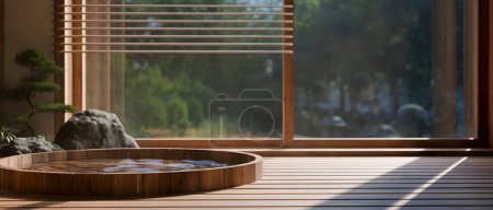 Beautiful natural Japanese Onsen spa with classic round wooden bath near the window with beautiful nature garden view.  3d render, 3d illustration