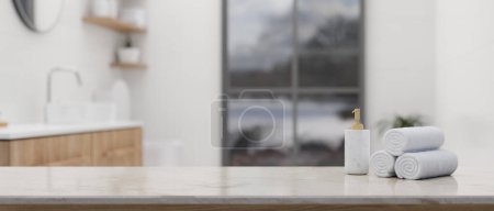 Photo for Mockup space for your product display on white marble tabletop with towels and shampoo bottle over blurred background of luxury white bathroom. close-up image. 3d render, 3d illustration - Royalty Free Image