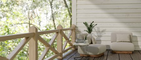 Téléchargez les photos : Comfortable and cozy outdoor relaxation space on classic wood balcony with beautiful nature view, comfortable chairs, side table, houseplants, wood plank wall and floor. 3d render, 3d illustration - en image libre de droit