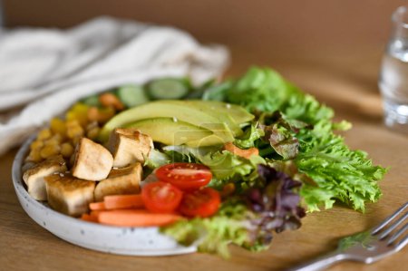 Téléchargez les photos : Plant based food concept. Grilled tofu with organic fresh salad vegetables mixed. high nutrition food - en image libre de droit