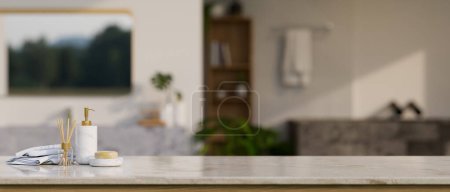 Photo for Close-up image, Copy space for your product display on white marble tabletop with bath accessories over blurred bathroom in the background. 3d render, 3d illustration - Royalty Free Image