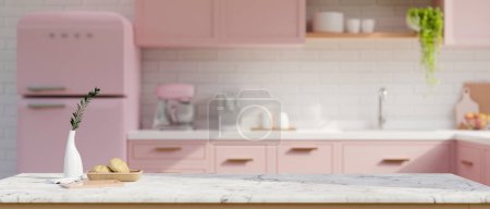 Photo for Copy space for product display on white marble tabletop with decor in beautiful pastel pink kitchen with pink kitchen cupboard, pink fridge and kitchen appliances. 3d render, 3d illustration - Royalty Free Image