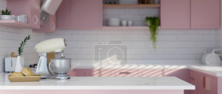 Empty space for product display on white tabletop with dough blender machine or dough mixer, bread basket and decor in minimal pastel pink kitchen interior style. 3d render, 3d illustration