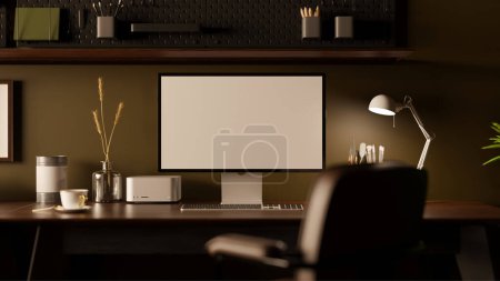 Photo for Modern dark loft working space interior design with PC desktop computer mockup, table lamp, stationery and accessories on wood table against the dark wall with pegboard. 3d render, 3d illustration - Royalty Free Image