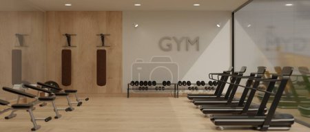 Téléchargez les photos : Modern and comfortable sport club or fitness gym interior design with professional sport equipment, treadmill running machines, sport benches, punching bags and dumbbells. 3d render, 3d illustration - en image libre de droit