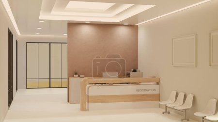 Modern elegance lobby or reception area interior design with registration counter, waiting seat, corridor, luxury ceiling with lights, frame mockup on white wall. 3d render, 3d illustration