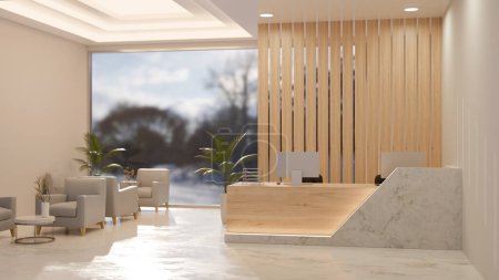 Téléchargez les photos : Beautiful modern lobby interior in white marble and wood style with waiting area and reception counter, armchairs, wood partition wall, large window, elegant ceiling. 3d render, 3d illustration - en image libre de droit