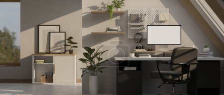 Photo for Modern contemporary home workspace with PC desktop computer mockup and accessories on table, office chair, pegboard and wall shelf on white wall. 3d render, 3d illustration - Royalty Free Image