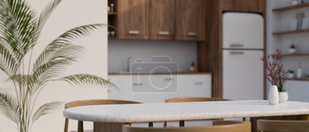 Téléchargez les photos : Mockup espace pour l'affichage des produits sur une table à manger minimale dans une cuisine scandinave confortable minimale. image en gros plan. 3d rendu, illustration 3d - en image libre de droit