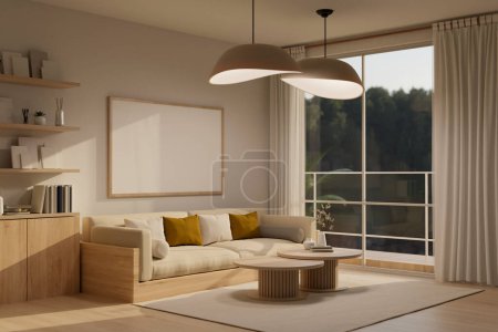 Foto de Acogedora sala de estar contemporánea con balcón de diseño interior con cómodo sofá, mesa de centro minimalista, elegantes colgantes, estantería y marco maqueta en la pared blanca. 3d render, ilustración 3d - Imagen libre de derechos