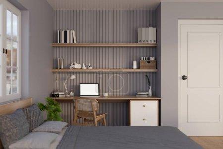 Modernes zeitgenössisches Schlafzimmerdesign mit modernem Einbauarbeitsplatz vor grauer Wand, Laptop-Attrappe auf Holztisch, bequemem Bett und Wohnkultur. 3D-Renderer, 3D-Illustration